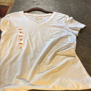 White V-Neck T-Shirt with Orange Accents